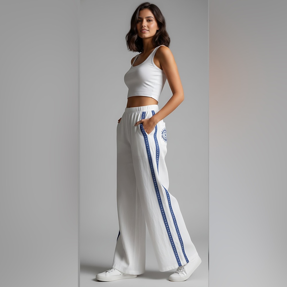 Embroidered Pocket Eye Pattern Cotton Wide Leg Pant - Picture 6 of 14
